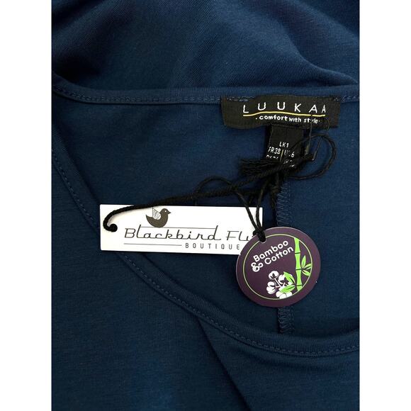 LUUKAA Lagenlook Dress Size 6 Blue Bamboo Knit Boxy Tapered NWT - Picture 6 of 9